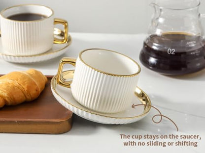 LETAOTAO Cappuccino Cups with Saucers, 8oz Ceramic Coffee Cups with Saucers Set, Latte Art Coffee Mugs with Gold Trim, Tea Cups Set of 4, British/Italian Coffee cups for Cafe Mocha, Double Espresso - size: 8 Ounces