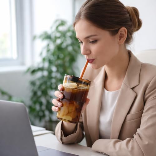 Luxfuel 13 oz Glass Cups with Lids and Straws Reusable Iced Coffee Tumbler | Leak-Proof Thick Wall Travel Glass Coffee Cup for Iced Tea, Water, Office, Cup Holder Friendly, BPA Free (Amber, 1 Pack) - color: Amber-1 Pack, size: 13 Ounces