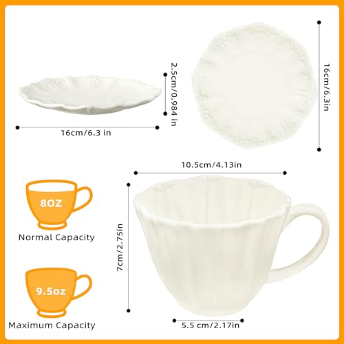 8oz Tea Cups and Saucers, Ceramic Latte Cup,Relief Cappuccino Cup and Saucer Set, Elegant Porcelain Tea Cups, Espresso Cup Set Dishwasher & Microwave Safe,White - color: White