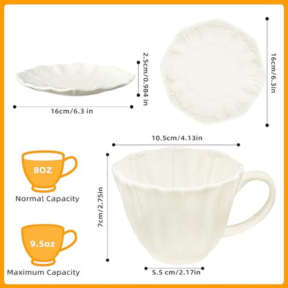 8oz Tea Cups and Saucers, Ceramic Latte Cup,Relief Cappuccino Cup and Saucer Set, Elegant Porcelain Tea Cups, Espresso Cup Set Dishwasher & Microwave Safe,White - color: White
