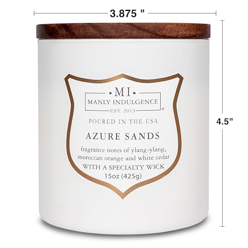 Manly Indulgence Azure Sands Scented Candles for Men, 15 oz Wooden Wick, Premium Soy Blend Wax, 60H Burn, Candles for Home Scented - Made in The USA - color: Azure Sands