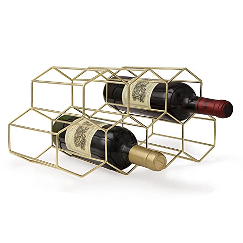 FOMANSH Countertop Wine Storage - Freestanding 7 Bottle Metal Holder with Modern Design for Kitchen or Wine Cellar - color: Gold