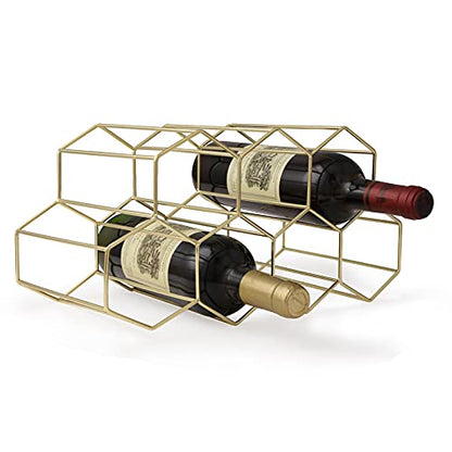 FOMANSH Countertop Wine Storage - Freestanding 7 Bottle Metal Holder with Modern Design for Kitchen or Wine Cellar - color: Gold