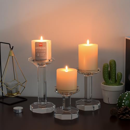 Crystal Candlestick Holders Set of 3, Clear Crystal Taper/Pillar Candles Holders– Table Centerpieces for Party and Wedding Decoration(4''/6''/8'' Tall)