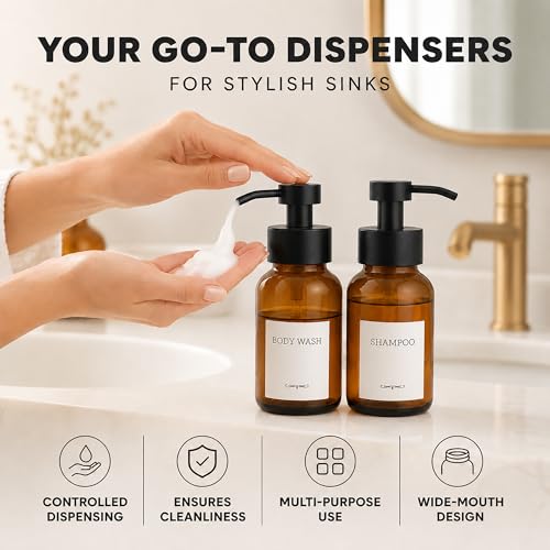 2 Pcs Amber Glass Foaming Soap Dispenser with Pump, 8.5 oz Bottles | Refillable Soap Dispensers for Hand Wash, Dish Liquid, Shampoo, Gel - Rich Foam with Every Press, for Bathrooms and Kitchens