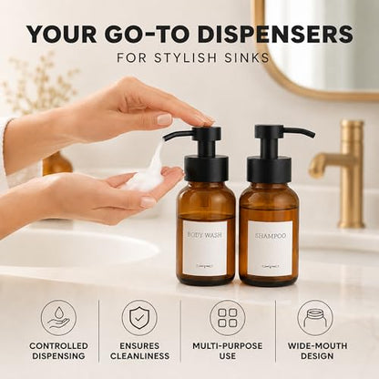 2 Pcs Amber Glass Foaming Soap Dispenser with Pump, 8.5 oz Bottles | Refillable Soap Dispensers for Hand Wash, Dish Liquid, Shampoo, Gel - Rich Foam with Every Press, for Bathrooms and Kitchens