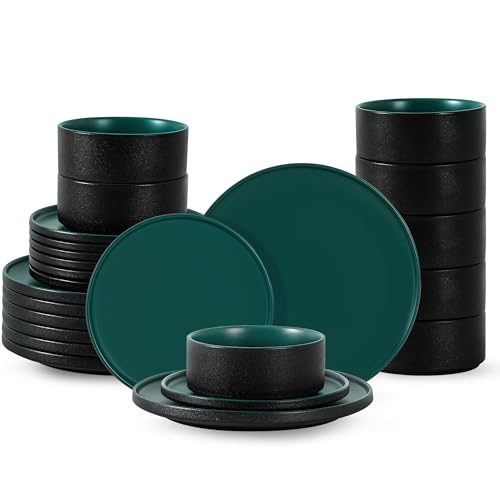 Dinnerware Sets, 24-Piece Plates and Bowls Set for 8, Matte Green | Modern Minimalist Stoneware, Dish Set for 8, Dinner Plate, Salad Plate, Cereal Bowl, Microwave and Dishwasher Safe - color: Green, size: Service for 8 (24PCS)