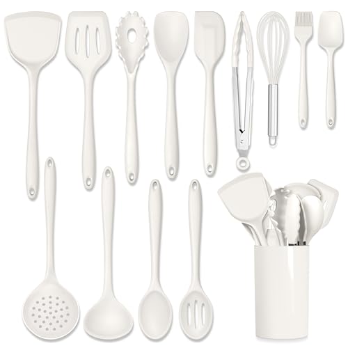 HaWare Kitchen Utensils, 14 PCS Silicone Cooking Utensils Set, Heat Resistant Kitchen Utensils for Non-stick Cookware, Kitchen Gadgets Tools with Spoons, Spatulas, Whisk, Dishwasher Safe (White) - color: White