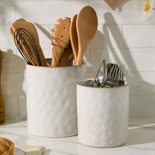 famiware Ceramic Utensil Holder, 7.2"+5.8", Set of 2, Cappuccino White | Cooking Utensil Crocks, Organizer for Spatula & Spoon, Kitchen Decor, Countertop Storage, Stable and Non-Slip, Reactive Glaze - color: Cappuccino White