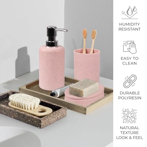 CERBIOR Bathroom Accessories Set 6 Piece Wheat Straw Bath Ensemble,Pink | Includes Soap Dispenser,Tooth Brush Holder,Toothbrush Cup, Soap Dish for Decorative Countertop and Housewarming Gift - style: Pink