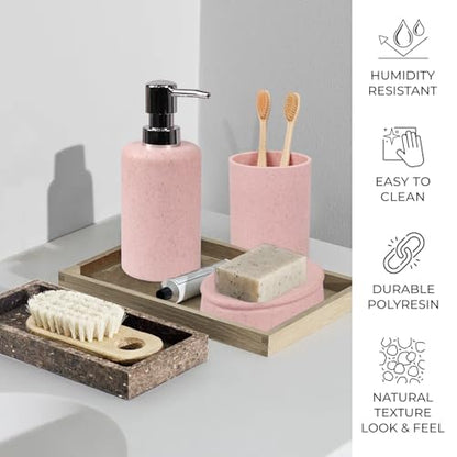 CERBIOR Bathroom Accessories Set 6 Piece Wheat Straw Bath Ensemble,Pink | Includes Soap Dispenser,Tooth Brush Holder,Toothbrush Cup, Soap Dish for Decorative Countertop and Housewarming Gift - style: Pink