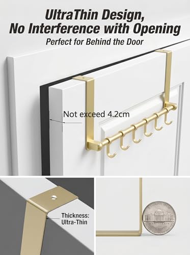 Over the Door Hooks, Gold 6 Hooks Adjustable Aluminum Door Hanger | Sliding Hooks Heavy Duty Door Hanger Organizer for Towel Coat Robe Hat Bag, No Drilling Over Door Rack for Bathroom Bedroom