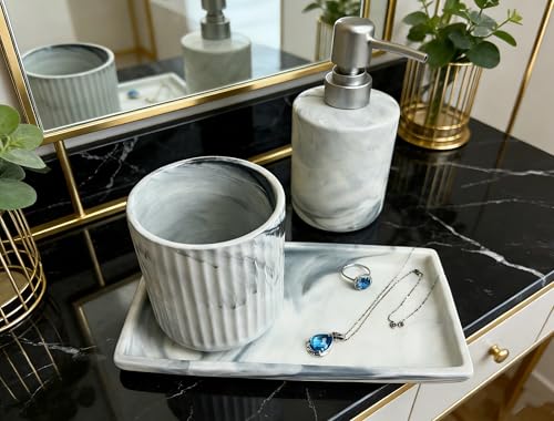 350ML Bathroom Soap Dispenser Set，Marble 3-Piece Countertop Organizer | Marble ceramic is suitable for soap storage on the washstand, liquid detergent on the sink, and lotion bottle on the dresser - color: Grey Ink Wash