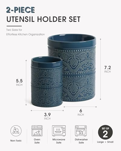 Kitchen Utensil Holder, 7.2+5.5" Super Large Utensil Crock Heavy and Stable Lace Emboss Ceramic Utensil Holder for Kitchen Counter(2Pcs Grayish Blue) - color: 2Pcs Grayish Blue
