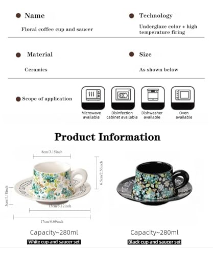 10 oz Elegant Ceramic Coffee Cup and Saucer Set with Gift Box Packaging, Floral China Tea Cup and Saucer Set,Retro Afternoon Tea Cup Set with White Coffee Mug,Valentine's Day Gift for her (White)