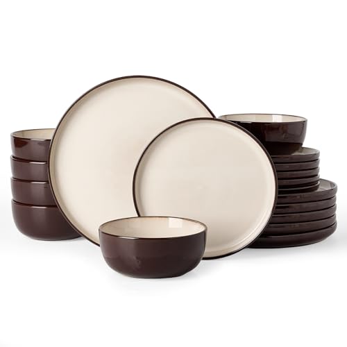 Famiware Milkyway 18-Piece Stoneware Dinnerware Set, Light khaki & Cocoa | Plates and Bowls for 6, Handmade Reactive Glaze Dish Set, Microwave & Dishwasher Safe, Chip & Scratch Resistant - color: Light khaki & Cocoa, size: Service for 6 (Standard Dinner S