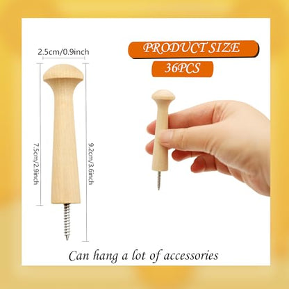 36 Pcs Wooden Shaker Peg Unfinished Wood Shaker Racks DIY Wood Wall Hooks with Screws for Hanging Clothes Hats, 3.62 Inches