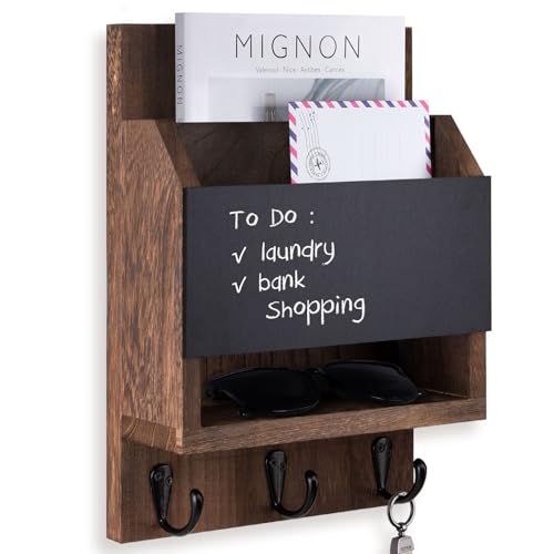 Key and Mail Holder for Wall with Chalkboard and Long Storage Box | Key Holder, Key Hanger with 3 Sturdy Hooks for Coat, Dog Leash, Entryway Mail Organizer - color: Brown