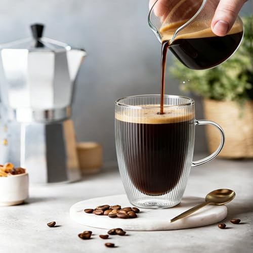 4 Pack Double Wall Glass Coffee Mugs, 12oz Glass Coffee Cup with Handle, Double Insulated Coffee Mugs Perfect for Espresso, Cappuccino, Latte, American, Tea Bag, Hot Beverages