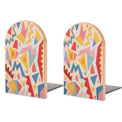 Personalized Wood Book Ends Metal Base Geometric Pattern Design Printing Bookend Modern Heavy Duty Bookends for Home Or Office 1 Pair - color: Geometric Pattern Design