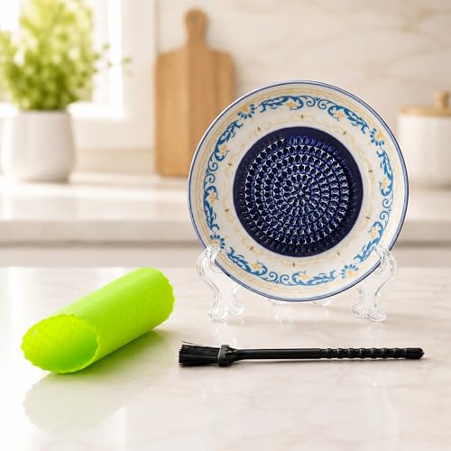 Ceramic Garlic Grater Plate Bowl Tomato Dish Made in Spain Spanish Grating Pan Herb Stripper Peeler Con Tomate Grater Plate Brush Stand Kitchen Gadget Gift Set Ginger Olive Oil Dip(#E) - color: #E
