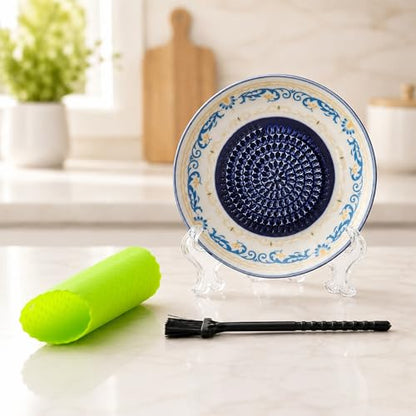 Ceramic Garlic Grater Plate Bowl Tomato Dish Made in Spain Spanish Grating Pan Herb Stripper Peeler Con Tomate Grater Plate Brush Stand Kitchen Gadget Gift Set Ginger Olive Oil Dip(#E) - color: #E