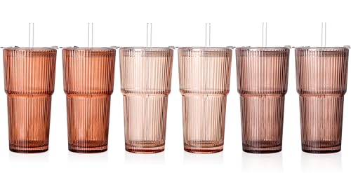 6PCS Brown Ribbed Glass Cups with Lids and Straws, 20oz Brown Vintage Drinking Glasses, Aesthetic Iced Coffee Cups, Glass Tumbler for Boba, Beer, Tea, Cocktails, Venus Ribbed Glassware Set (Venus-6) - color: Brown-6