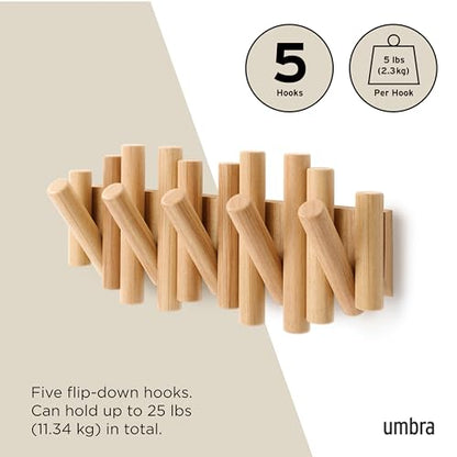 Umbra Picket Coat Rack, Wall Mount 5 Flip-Down Coat Hooks, Natural | Beveled pine wood dowels, supports up to 5 lbs, mounting hardware included, space saving - color: Natural, size: 5-Hook