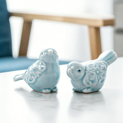Ceramic Green Bird Figurines Set of 2, Hand-Painted Decorative Bird Statues for Shelves Cabinet Home Office Decor