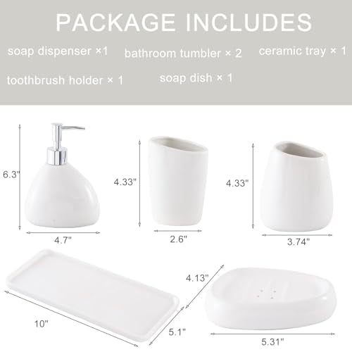 Ceramic Bathroom Accessory Set with Ceramic Tray, 6 Pieces Bathroom Countertop Accessory Set, Include Soap Dispenser, Toothbrush Holder, 2 Tumbler, Soap Dish, Vanity Tray,White - color: A-white * 6 Pieces