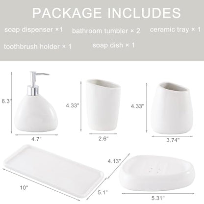 Ceramic Bathroom Accessory Set with Ceramic Tray, 6 Pieces Bathroom Countertop Accessory Set, Include Soap Dispenser, Toothbrush Holder, 2 Tumbler, Soap Dish, Vanity Tray,White - color: A-white * 6 Pieces