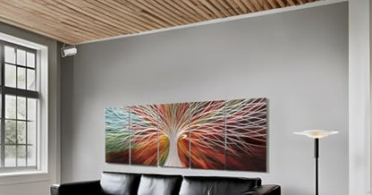 Yihui Arts Abstract Metal Wall Art - Tree Of Life Hand Crafted 5 Pieces Panels Large Big Unique 3D Aluminum Modern Contemporary Home Accent - color: A Red, size: 64"L x 32"W