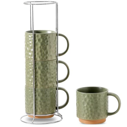 Nihow 16 Oz Ceramic Coffee Mug Set of 4 with Stackable Stand,Matte Green | Stackable, Stainless Stand Included, Cappuccino & Tea, Hot/Cold Drinks, Dishwasher & Microwave Safe - color: Matte Green, size: 16 oz With Stand