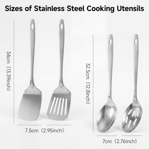 4PCS Stainless Steel Kitchen Cooking Utensils Spatula & Spoons Set | Solid & Slotted Turners, Serving & Slotted Spoons, Heat Resistant, For Flipping Fish, Eggs and Pancakes, Dishwasher Safe