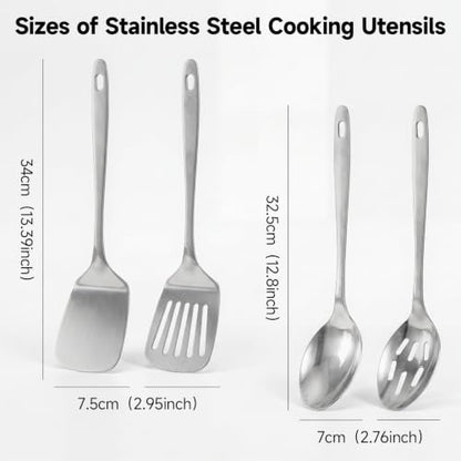4PCS Stainless Steel Kitchen Cooking Utensils Spatula & Spoons Set | Solid & Slotted Turners, Serving & Slotted Spoons, Heat Resistant, For Flipping Fish, Eggs and Pancakes, Dishwasher Safe