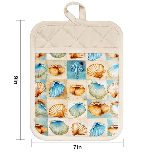 Pot Holders Set of 2 Heat Resistant 480 ℉Non Slip Clear Silicone Printed Comfortable Cotton Lining Kitchen Women Men Cooking Baking Microwave Machine Washable (Shell, Beige potholders) - color: Shell, Beige Potholders