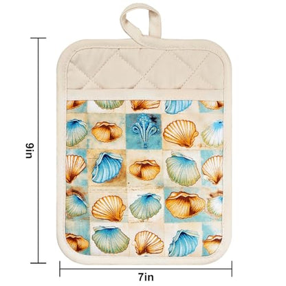 Pot Holders Set of 2 Heat Resistant 480 ℉Non Slip Clear Silicone Printed Comfortable Cotton Lining Kitchen Women Men Cooking Baking Microwave Machine Washable (Shell, Beige potholders) - color: Shell, Beige Potholders