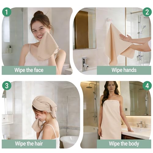 MICROFI Waffle Weave Bath Towel Set, Microfiber, 4 Pieces (Body/Hair/Hand/Face), Quick Dry, Lightweight, Super Absorbent, Lint Free, 380 GSM (Champagne) - color: Champagne