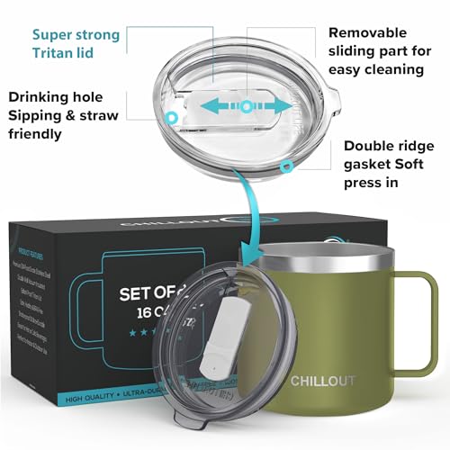 CHILLOUT LIFE Stainless Steel 16 oz (Set of 2) Vacuum Insulated Coffee Mug with Handle and Lid, Large Thermal Camping Coffee Mugs with Sliding Lid for Men & Women - color: Army Green, size: 16 Ounces - 2 Pack