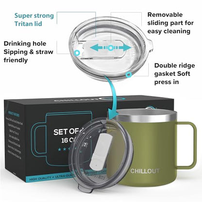 CHILLOUT LIFE Stainless Steel 16 oz (Set of 2) Vacuum Insulated Coffee Mug with Handle and Lid, Large Thermal Camping Coffee Mugs with Sliding Lid for Men & Women - color: Army Green, size: 16 Ounces - 2 Pack