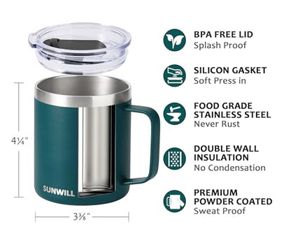 SUNWILL Travel Coffee Mug Set of 2, Insulated Tumbler with Lid, 14 oz Stainless Steel Cup with Handle for Camping, Office, Home, Powder Coated Forest Green & Plum - color: Powder Coated Forest Green & Plum