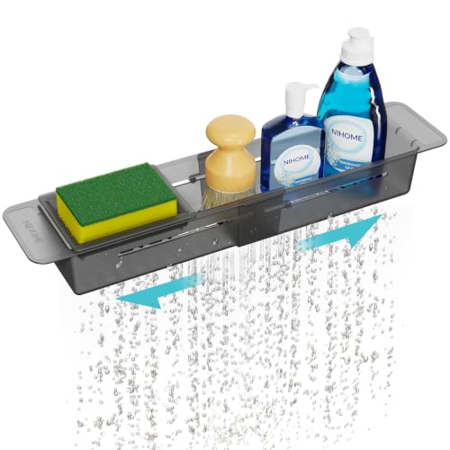 NiHome Extendable Sink Caddy, Small Telescopic Kitchen Brush Holder | Adjustable Sink Organizer for Brushes/Sponge with Fast Drainage, Durable ABS, Non-Slip Pads, Expandable (Translucent Gray) - color: Translucent Gray, size: Standard