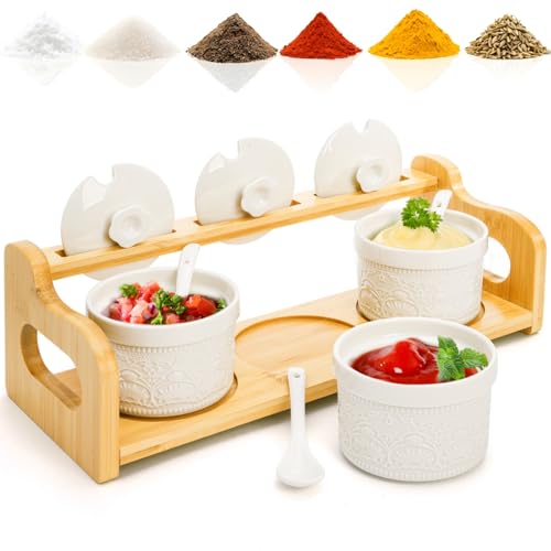 10 Pack Sauce Serving Dish with Spoons and Lids, 5 Oz | Ceramic Chip Dip Sauce Bowls with Bamboo Tray, 3 Condiment Seasoning Jars Salt Sugar Container for Snacks, Appetizers