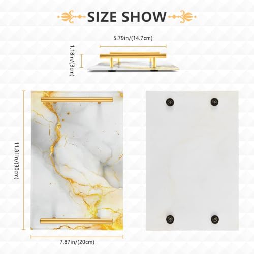 White Gold Marble Texture Acrylic Vanity Tray with Handles Non-Slip Decorative Bathroom Tray Jewelry Perfume Makeup Organizer for Dresser Kitchen Counter, 7.87 x 11.81 in