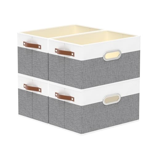 Yawinhe Fabric Storage Baskets,13.0x9.1x7.9in,White/Grey,4-Pack | Foldable Storage Bins for Shelves, Closet Bins for Organization, Collapsible Storage Baskets for Towels, Rectangle Basket - color: White/Grey, size: 12.99x9.05x7.87in/4-Pack