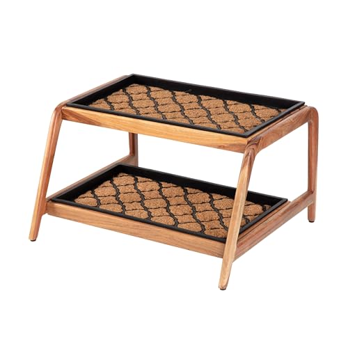 Anji Mountain Heavy Duty Waterproof Wooden Shoe Storage Mat Organizer/Boot Storage Tray Multi Use for Entryway with Coir, Tan and Black Trellis Insert, 2 Tier, Fits 4 Pair (26.5" Wide) - color: Tan and Black Trellis, size: 2 Tier, Fits 4 Pair