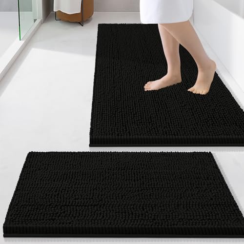 Smiry Chenille Bathroom Rugs Sets 2 Piece (34x21+24x16, Black) | Soft Absorbent Machine Washable Non Slip Shaggy Bath Rug Set for Tub, Shower, and Floor, Home Decor - color: Black, size: 34"X21"+24"X16"