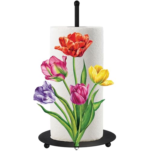 Flower Paper Towel Holder Countertop Tulip Kitchen Decor and Accessories Black Metal Farmhouse Large Tissue Stand Gifts for Women Mom Grandma, 3D Hand Painting Pattern, Weighted Base - style: Tulip