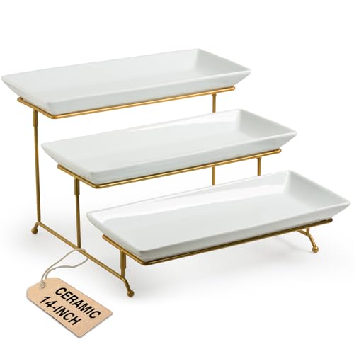 LAUCHUH Large 3 Tier Serving Stand Porcelain Tiered Serving Trays for Party | 14 Inch Serving Trays & Platters with Collapsible Sturdier Rack Dessert Party Display Set for Fruit Cupcake Snack Salad, Gold - color: Gold, size: 14 inch