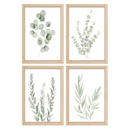 YWJKWLGS Bathroom Decor Sage Green Eucalyptus Botanical Wall Art 11x16 | Rustic Frame Watercolor Prints Sign Decor Minimalist Wood Framed Set of 4 for Laundry Room Office Wall Hanging - color: Botanical Watercolor (Wood), size: 16"L x 11"W